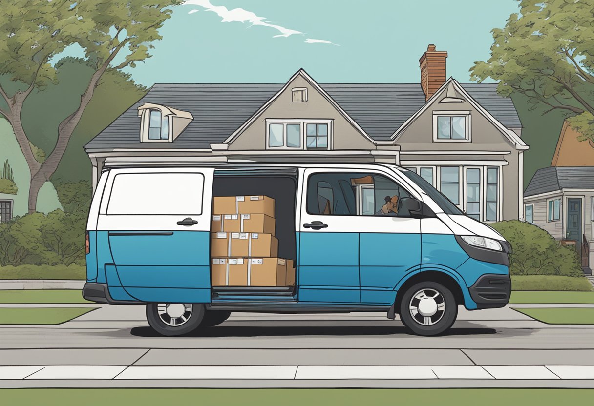 A blue and white van full of carton boxes