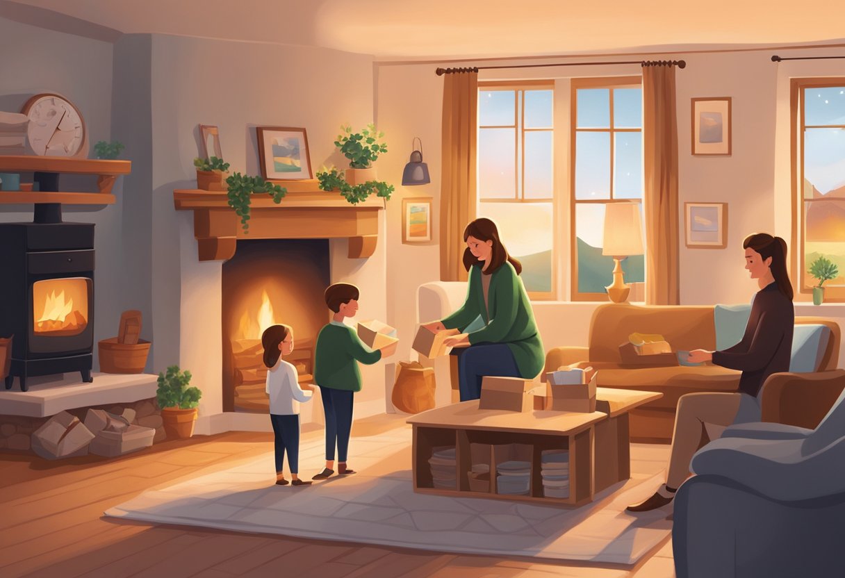 Family members handling small boxes in their living room