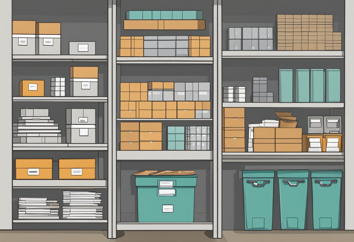 Various storage boxes on a large shelf