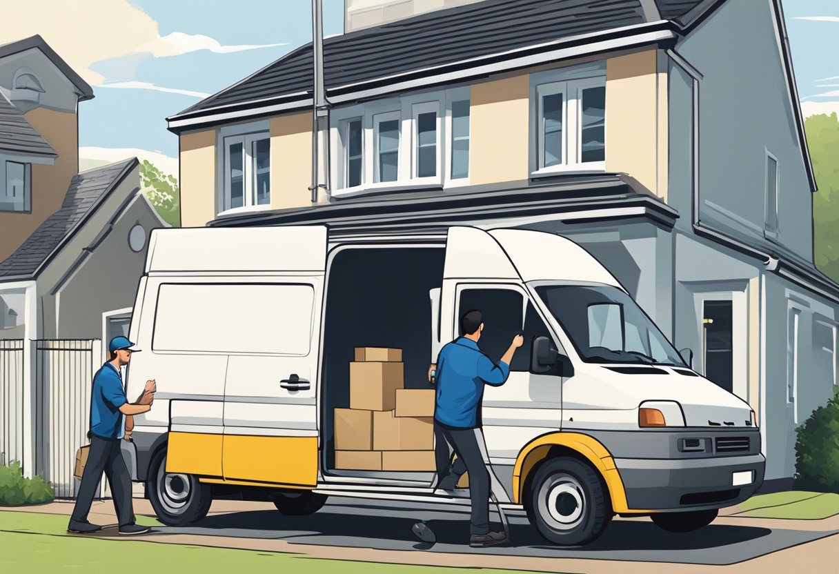 Two men in blue uniforms loading a van with boxes